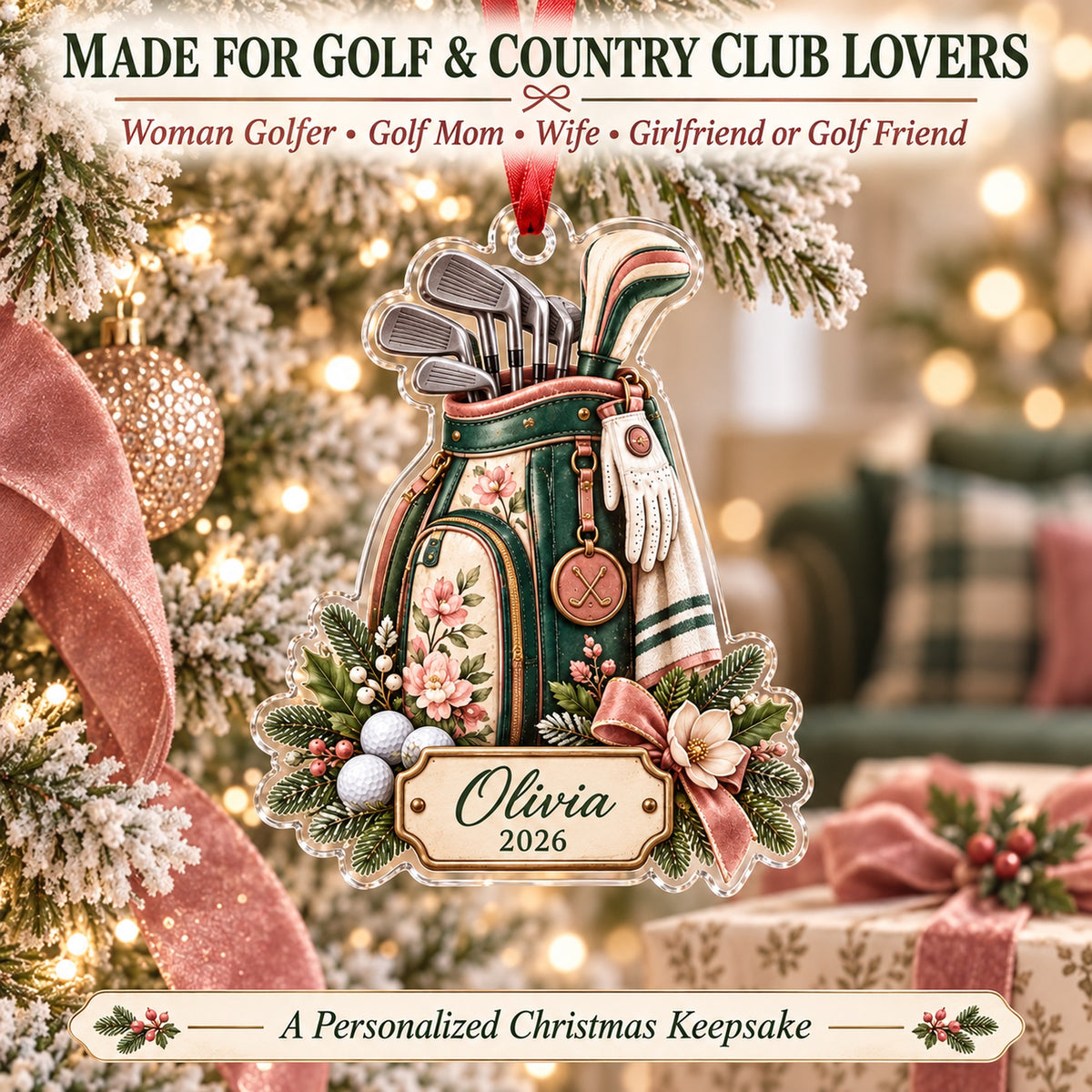 Personalized Lady Golfer Floral Bag Acrylic Ornament — Size guide