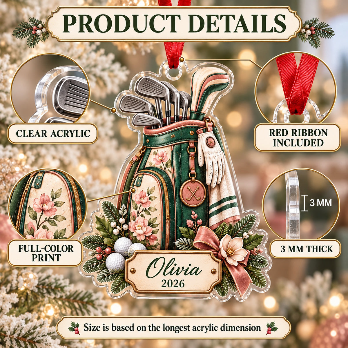 Personalized Lady Golfer Floral Bag Acrylic Ornament — How to order