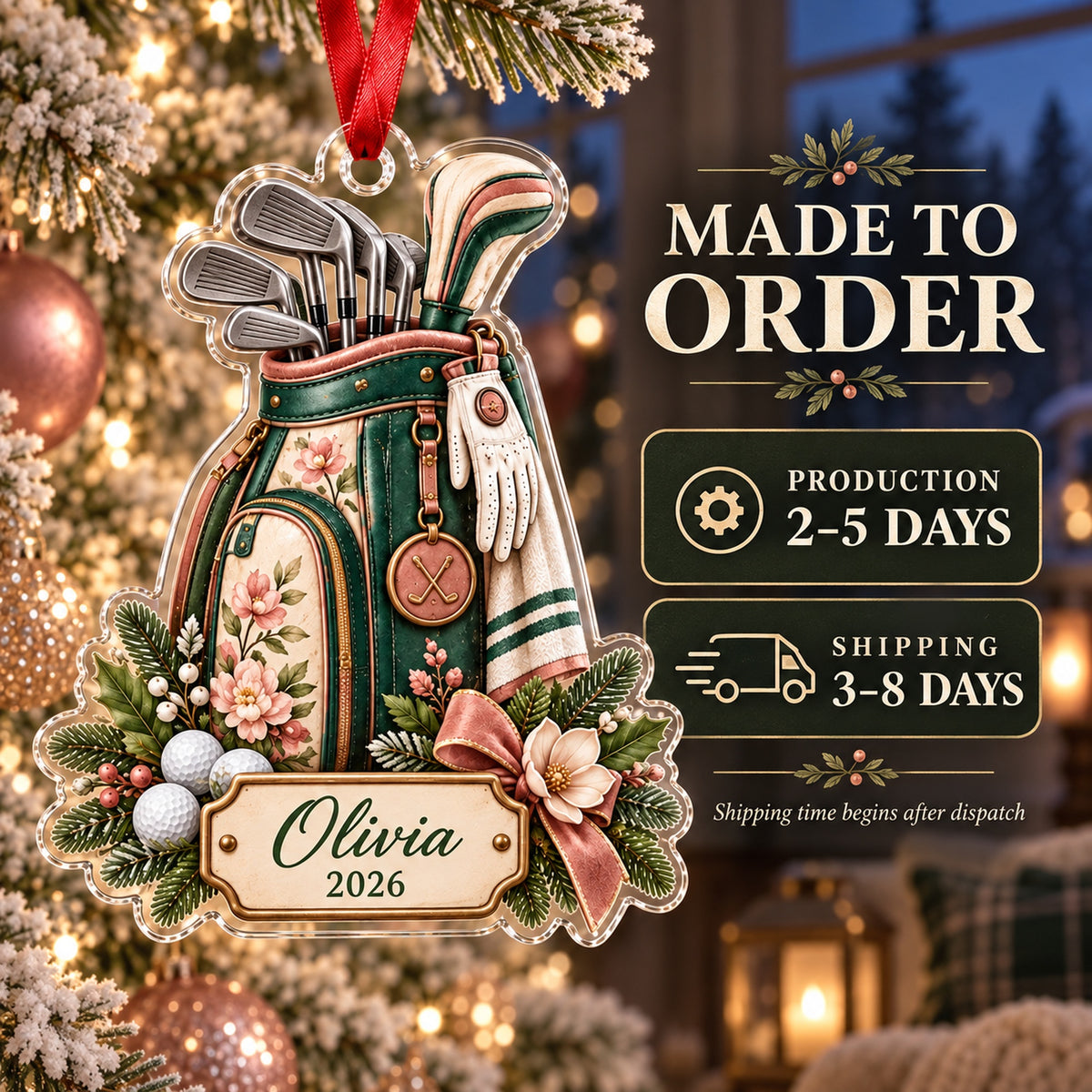 Personalized Lady Golfer Floral Bag Acrylic Ornament — Production and delivery