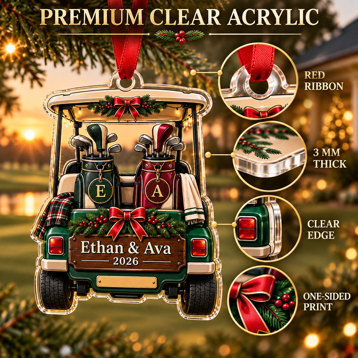 Personalized Golf Couple Cart Acrylic Ornament — Flat acrylic material
