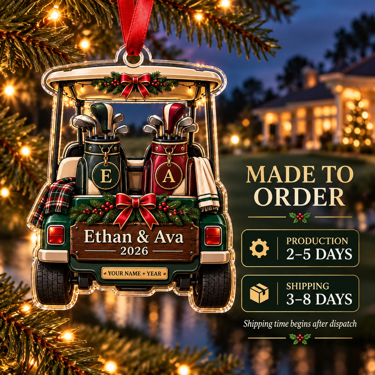 Personalized Golf Couple Cart Acrylic Ornament — Production and delivery