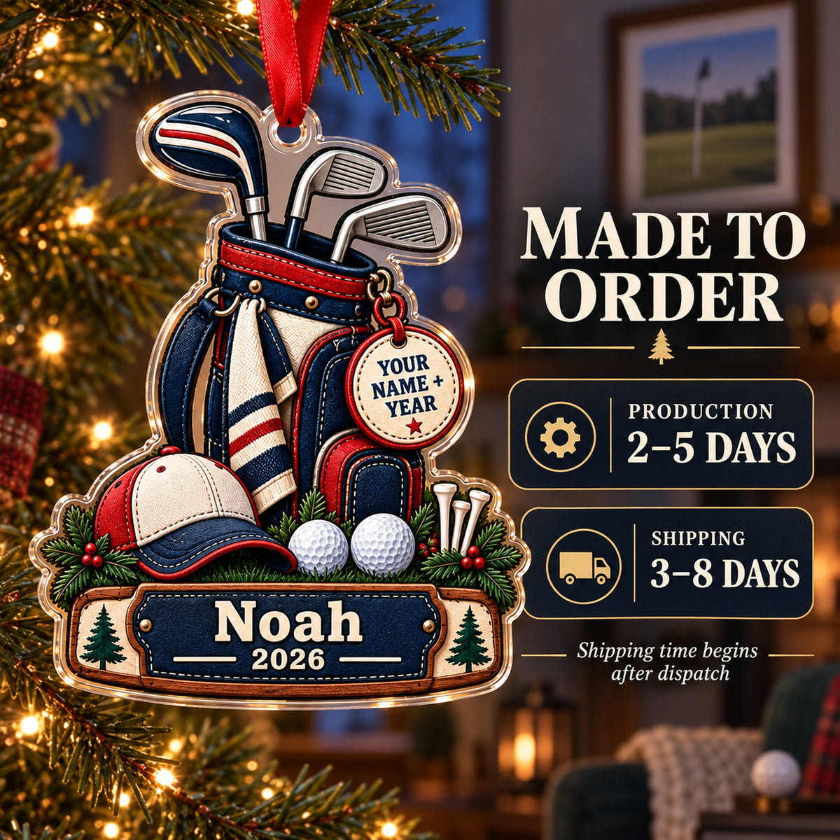 Personalized Junior Golfer Starter Bag Acrylic Ornament — Production and delivery