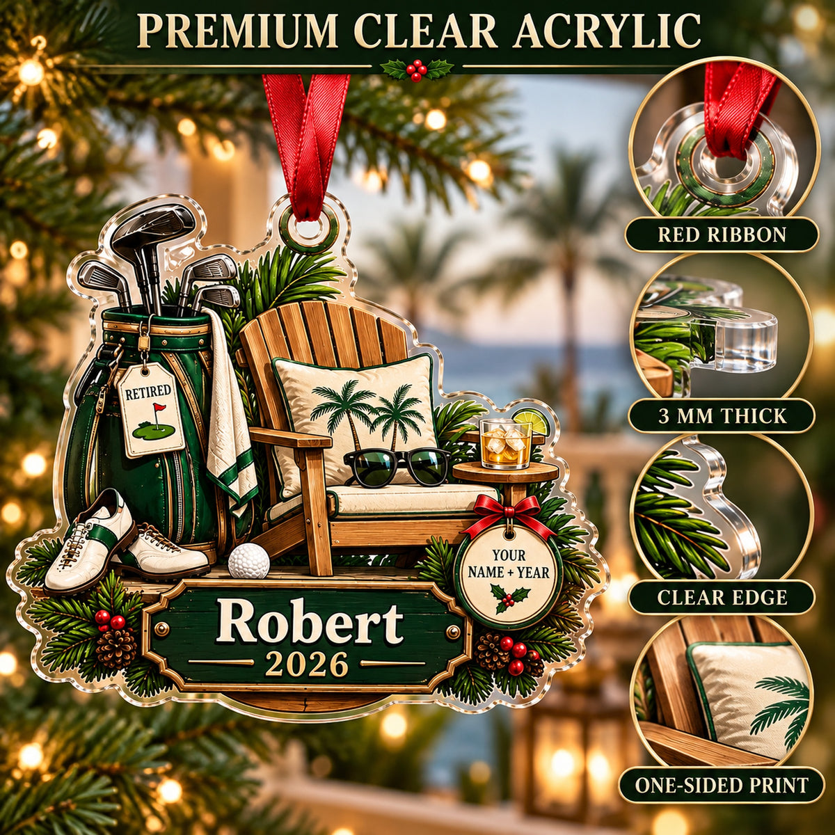 Personalized Retirement Tee Time Acrylic Ornament — Flat acrylic material