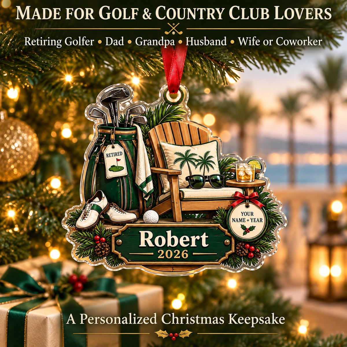 Personalized Retirement Tee Time Acrylic Ornament — Size guide