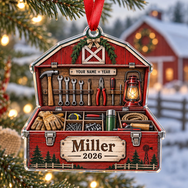 Personalized Red Barn Tool Chest Acrylic Ornament — Main design