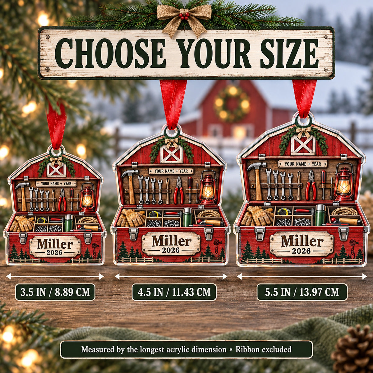 Personalized Red Barn Tool Chest Acrylic Ornament — Personalization example