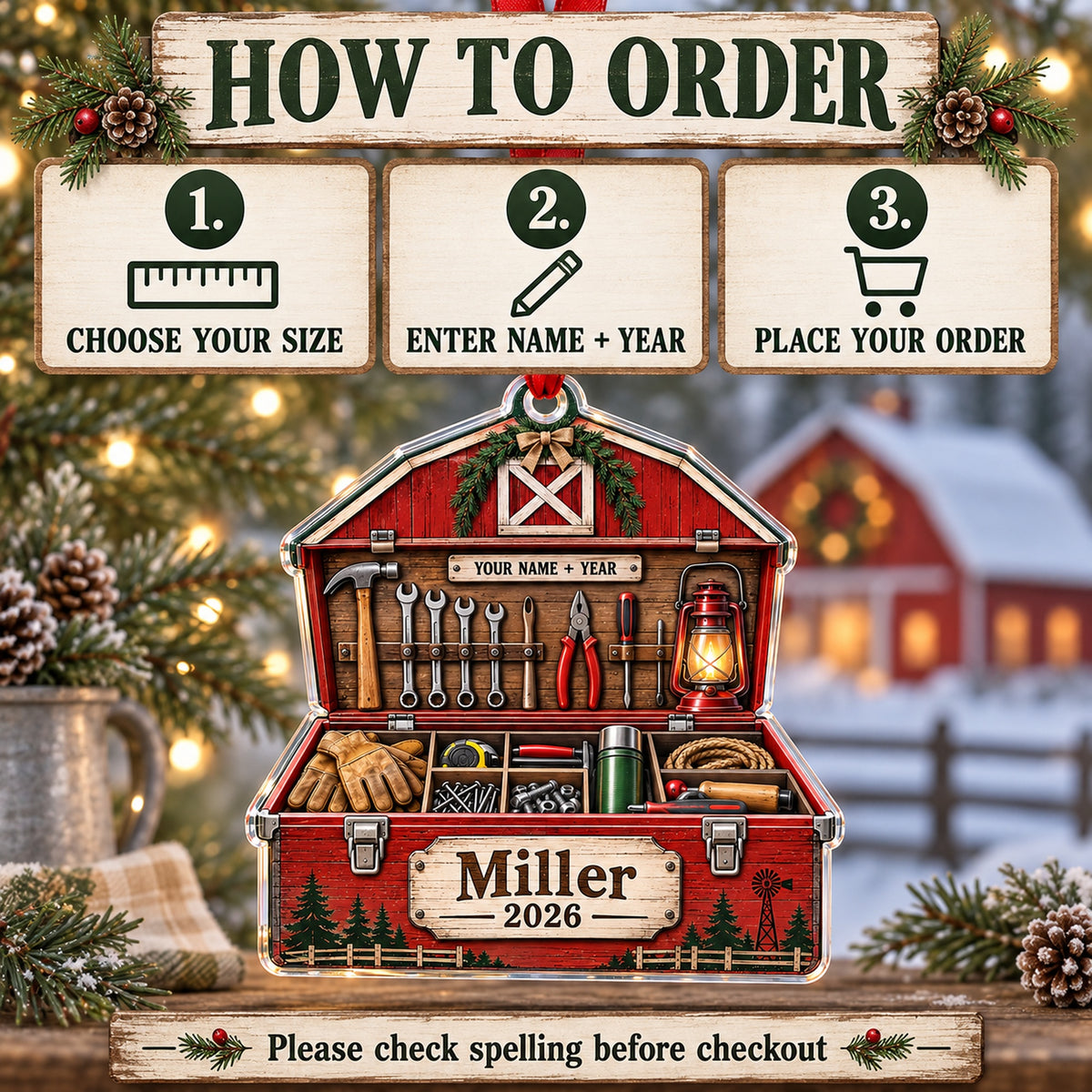 Personalized Red Barn Tool Chest Acrylic Ornament — Product details