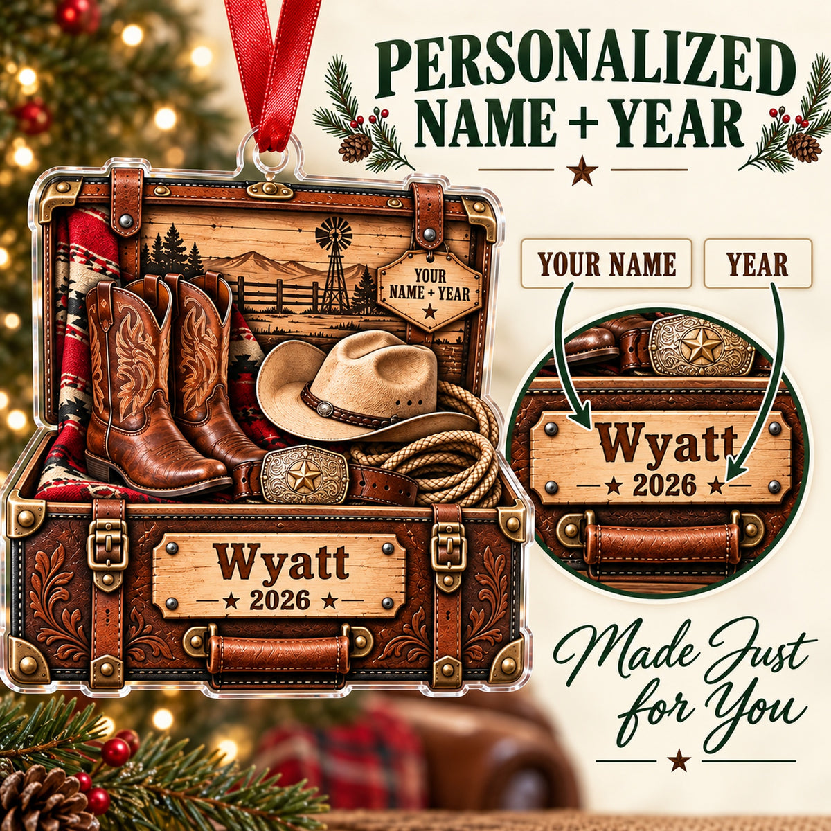 Personalized Cowboy Boots and Hat Trunk Acrylic Ornament — Personalization guide