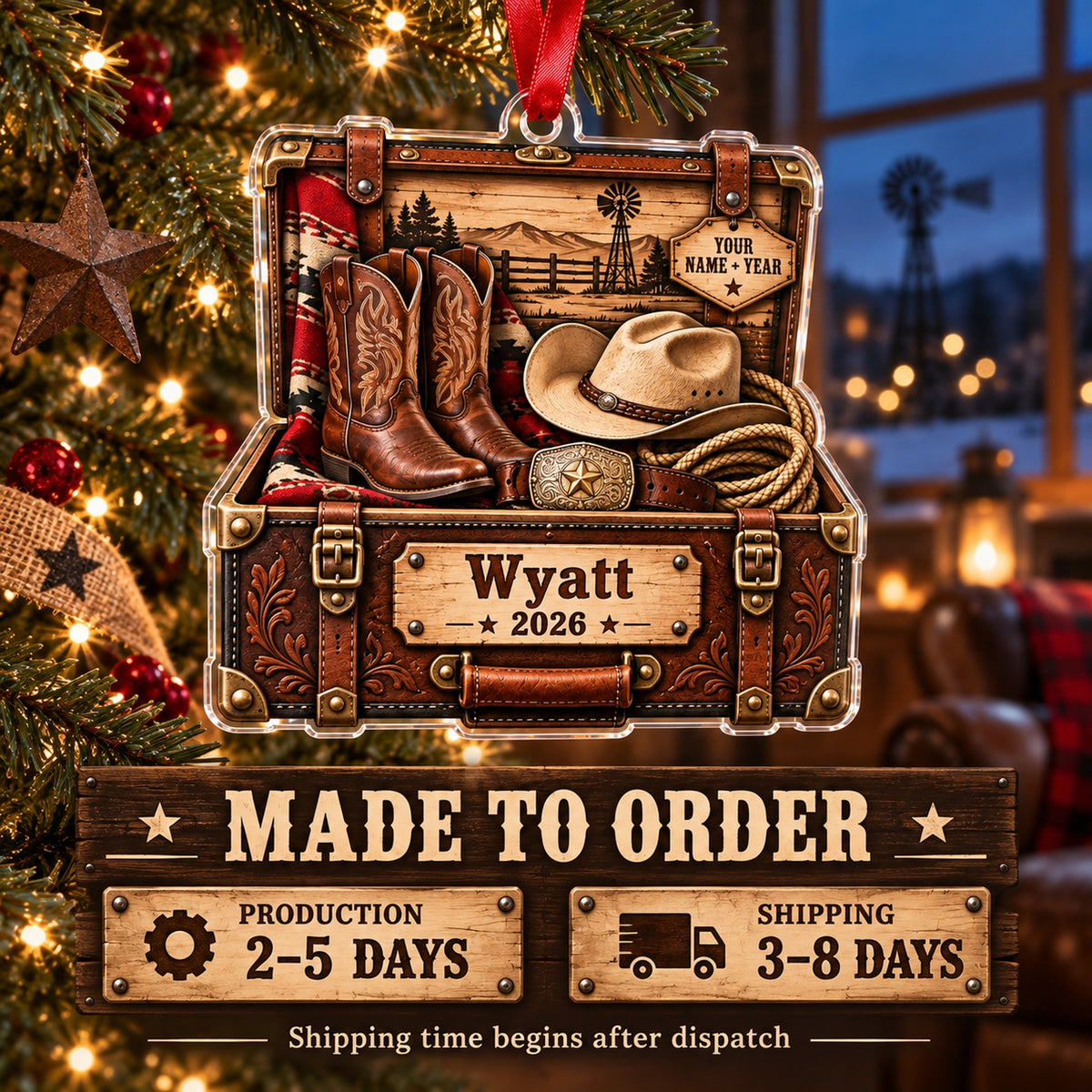 Personalized Cowboy Boots and Hat Trunk Acrylic Ornament — Production and delivery
