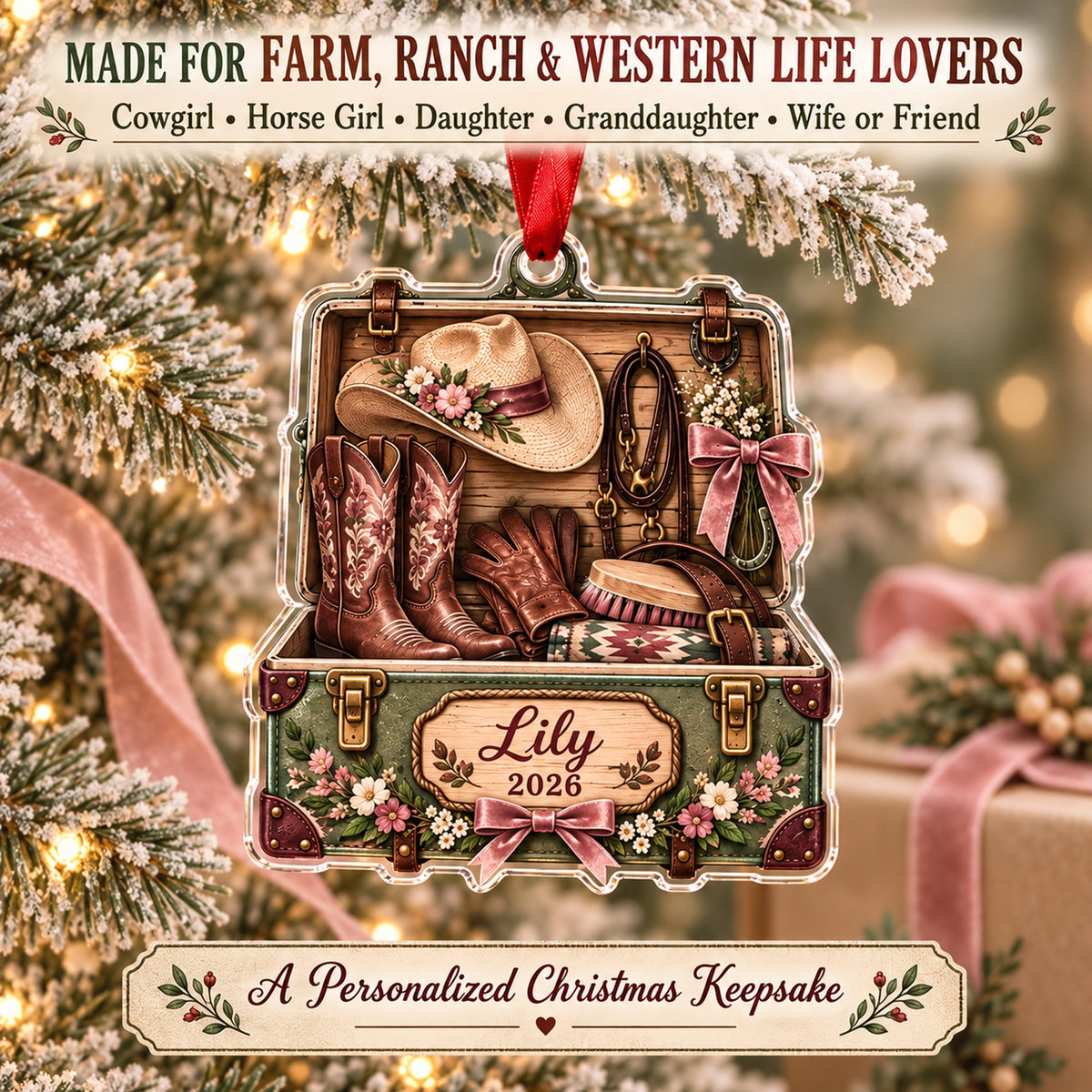 Personalized Cowgirl Pink Tack Box Acrylic Ornament — Size guide