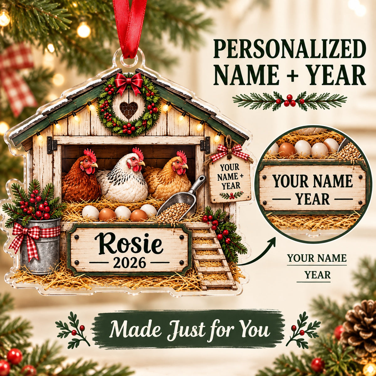 Personalized Chicken Coop Crate Acrylic Ornament — Personalization guide