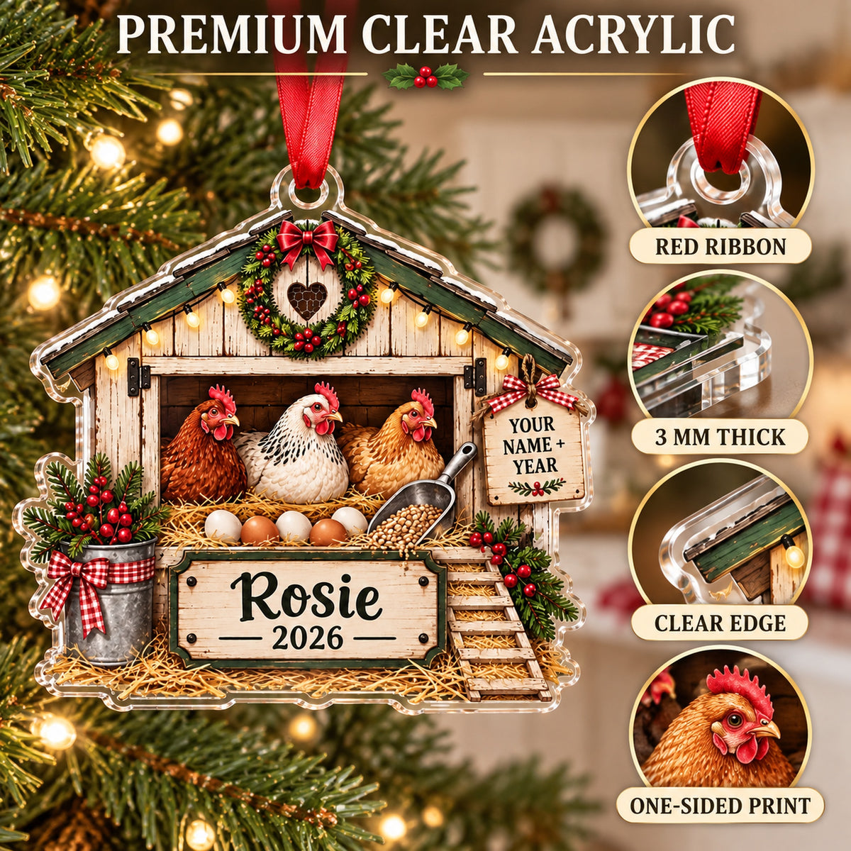 Personalized Chicken Coop Crate Acrylic Ornament — Flat acrylic material