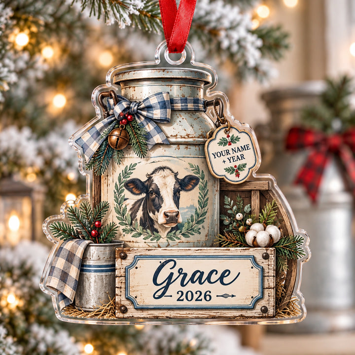Personalized Dairy Farm Milk Can Scene Acrylic Ornament — Main design