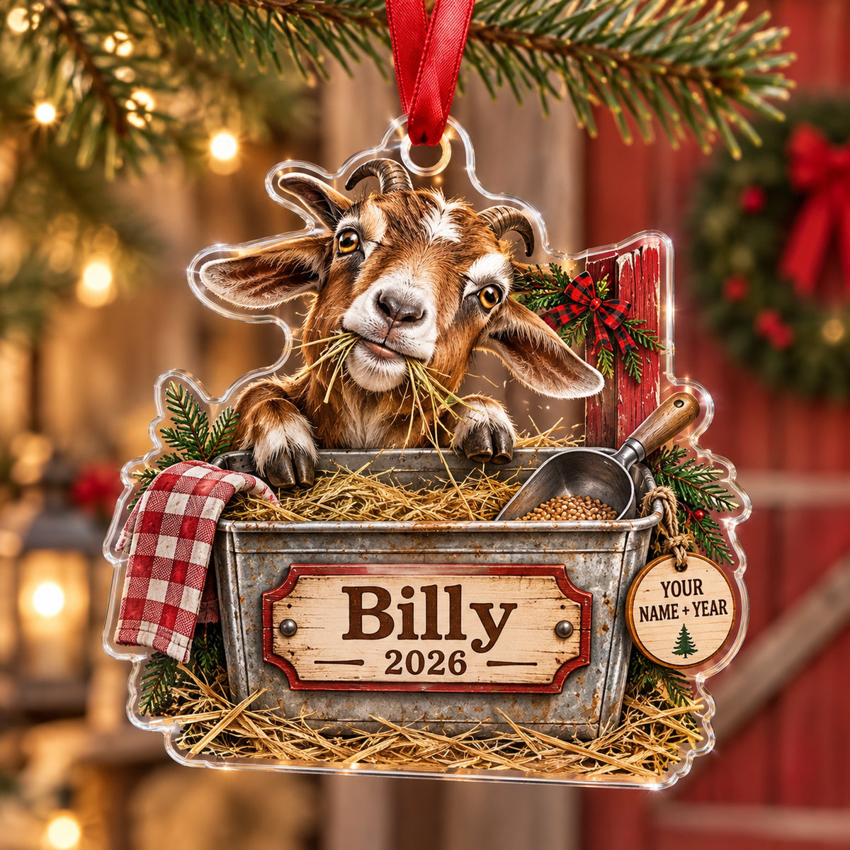Personalized Goat Farm Feed Bin Acrylic Ornament — Main design