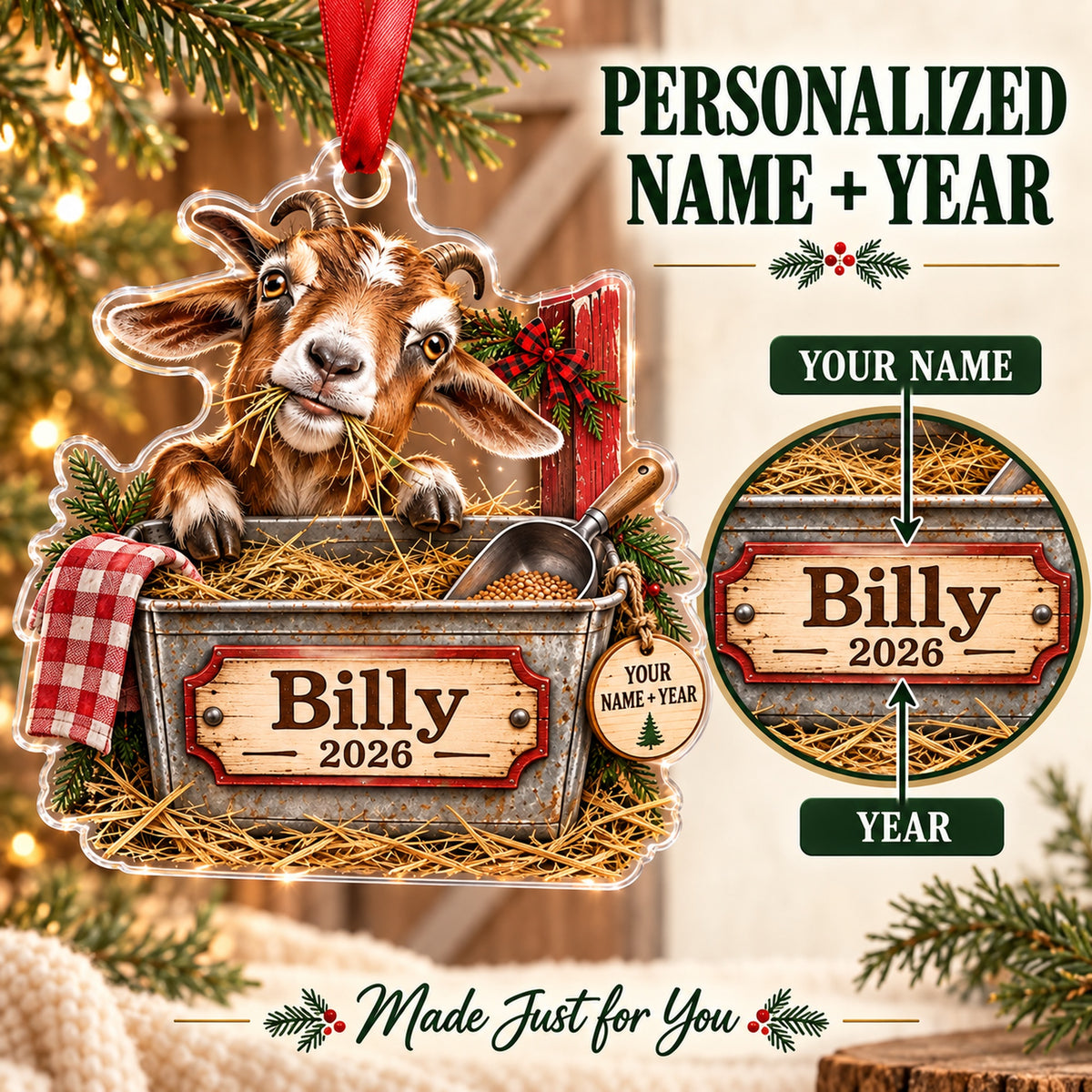 Personalized Goat Farm Feed Bin Acrylic Ornament — Personalization guide