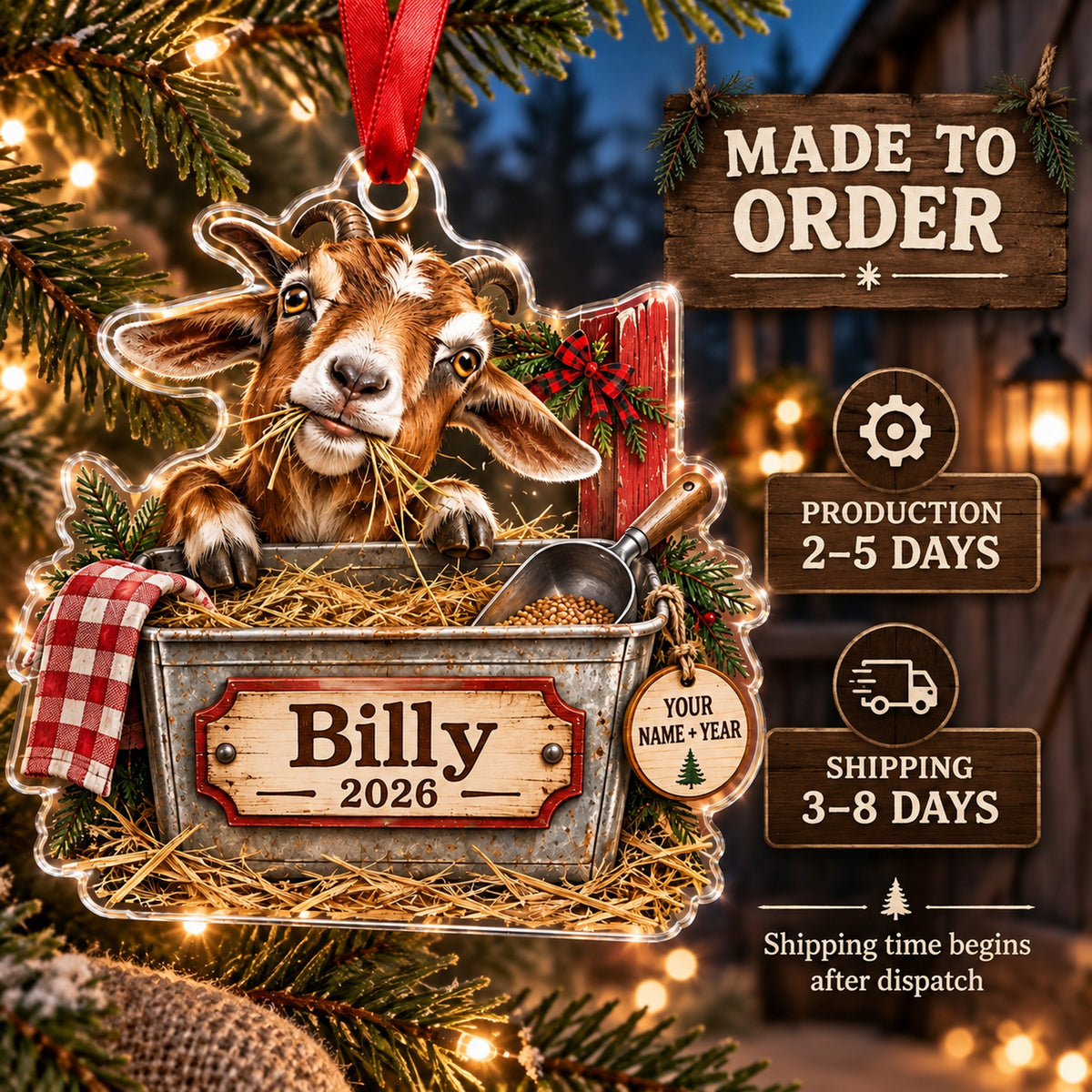 Personalized Goat Farm Feed Bin Acrylic Ornament — Production and delivery