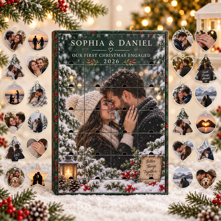 Personalized Our First Christmas Engaged Advent Calendar with 24 Photo Ornaments