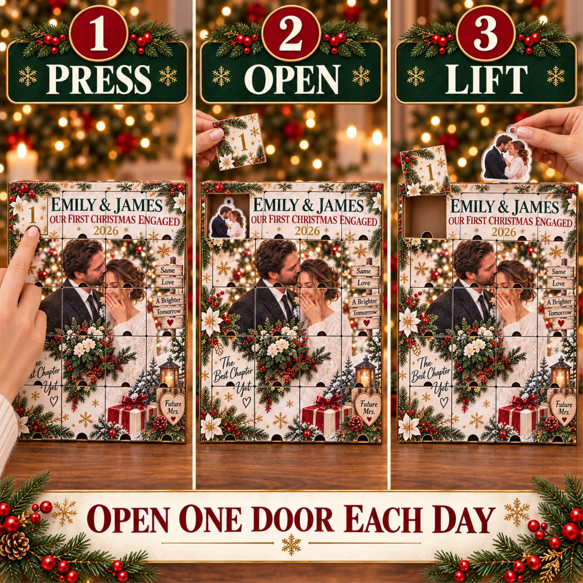 Personalized Our First Christmas Engaged Advent Calendar with 24 Photo Ornaments