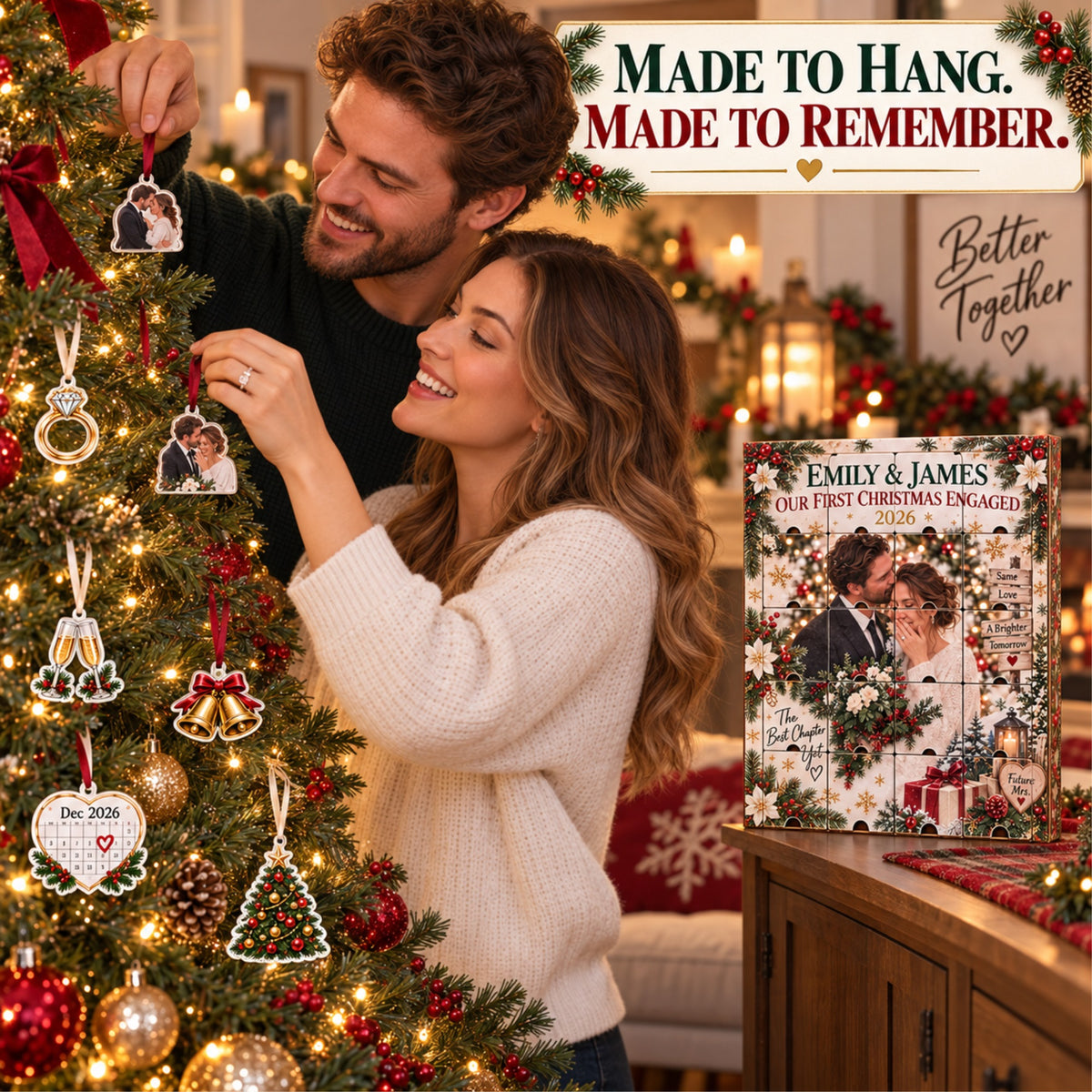Personalized Our First Christmas Engaged Advent Calendar with 24 Photo Ornaments
