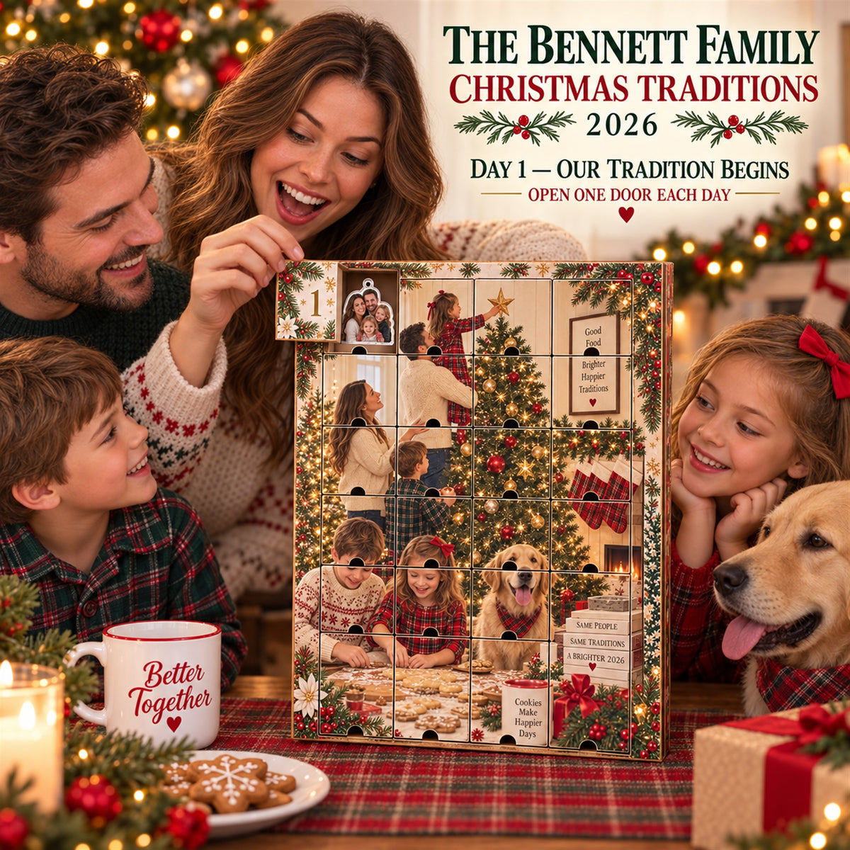 Personalized Family Christmas Traditions Advent Calendar with 24 Photo Ornaments