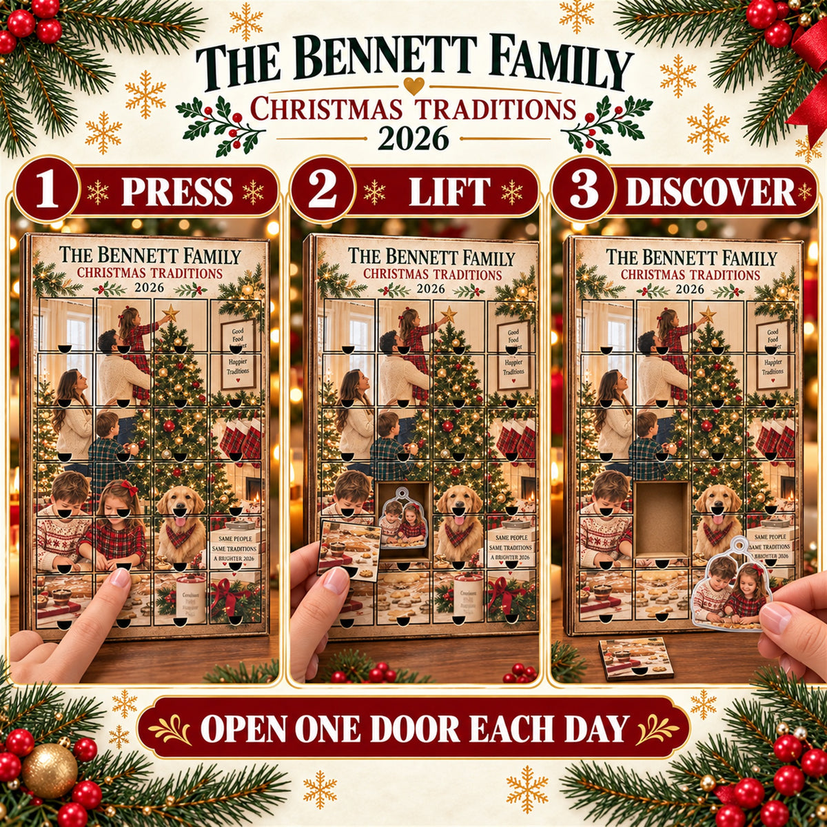 Personalized Family Christmas Traditions Advent Calendar with 24 Photo Ornaments
