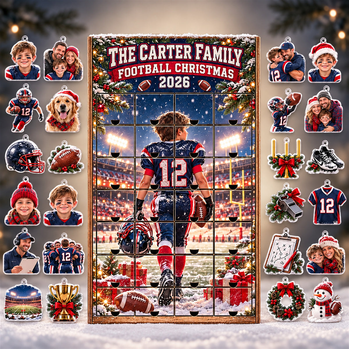 Personalized Football Family Advent Calendar with 24 Photo Ornaments