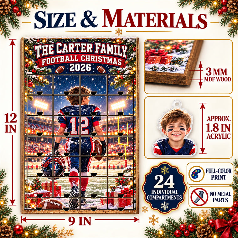 Personalized Football Family Advent Calendar with 24 Photo Ornaments