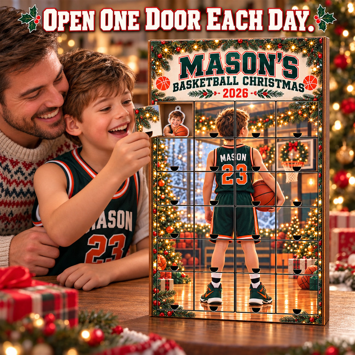 Personalized Basketball Player Advent Calendar with 24 Photo Ornaments