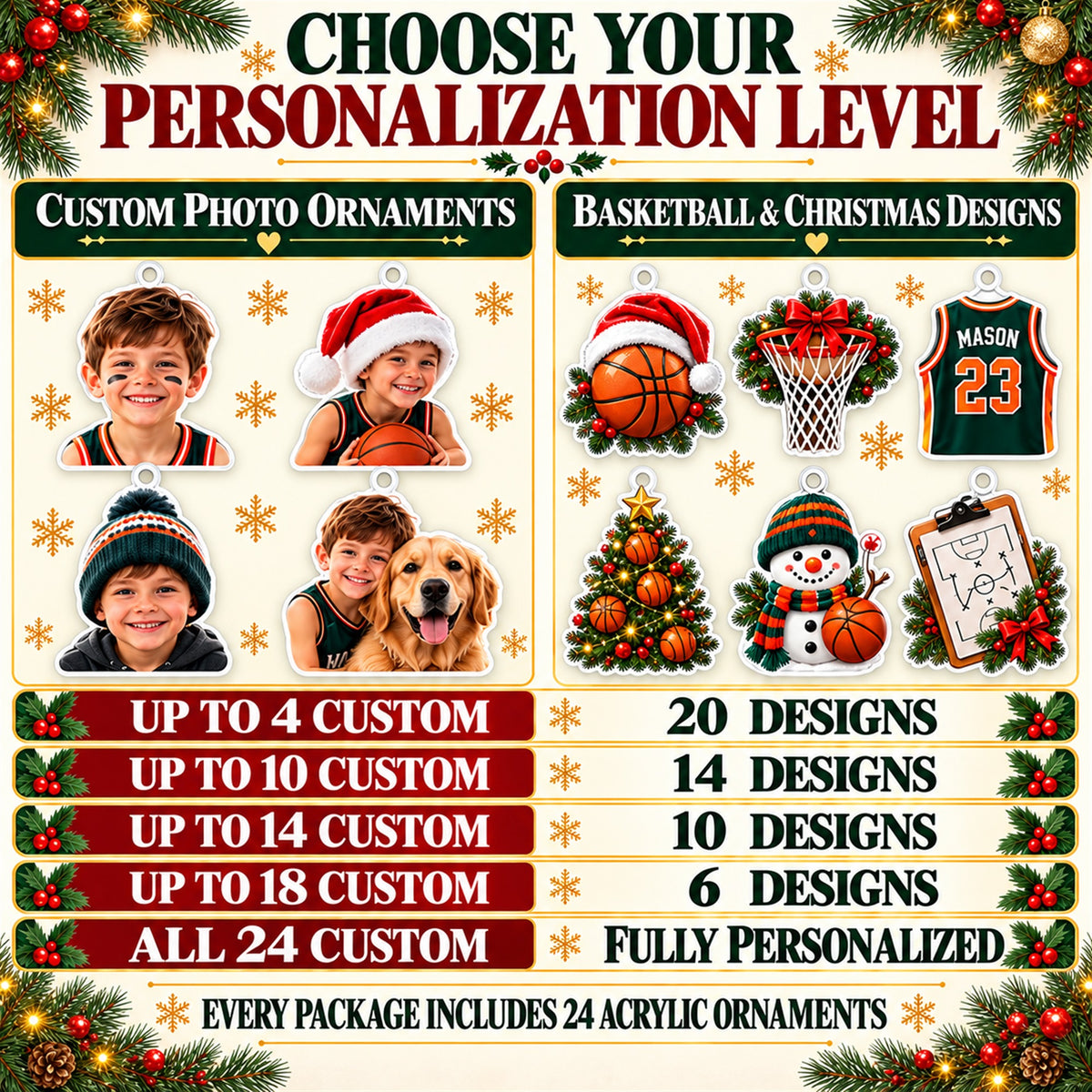 Personalized Basketball Player Advent Calendar with 24 Photo Ornaments