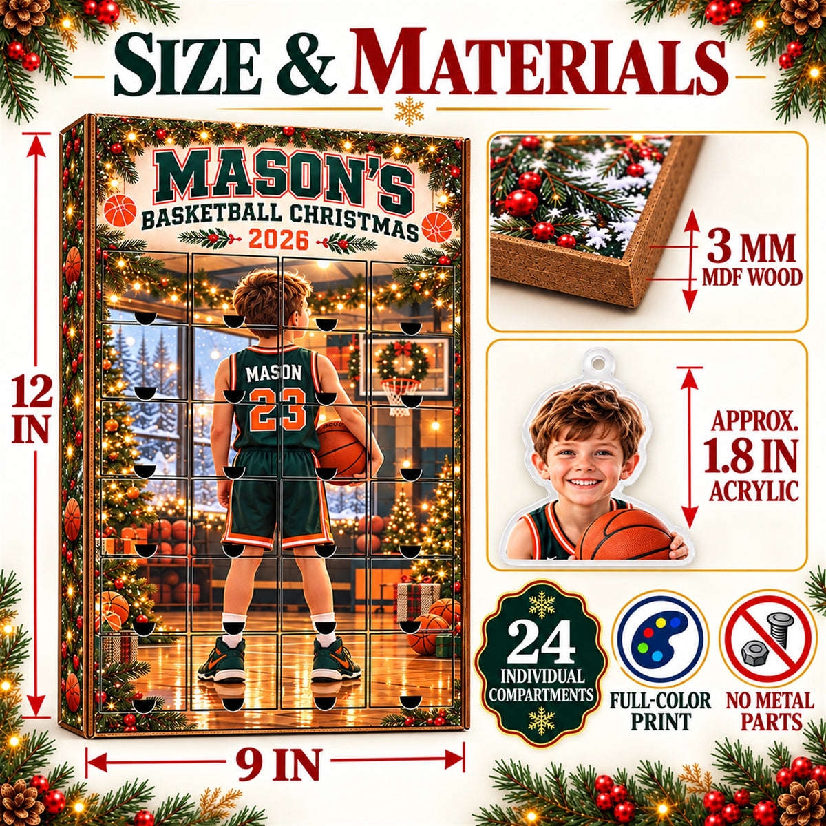Personalized Basketball Player Advent Calendar with 24 Photo Ornaments