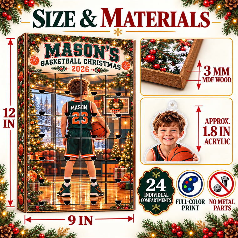 Personalized Basketball Player Advent Calendar with 24 Photo Ornaments