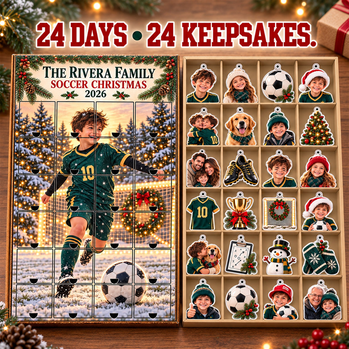 Personalized Soccer Family Advent Calendar with 24 Photo Ornaments