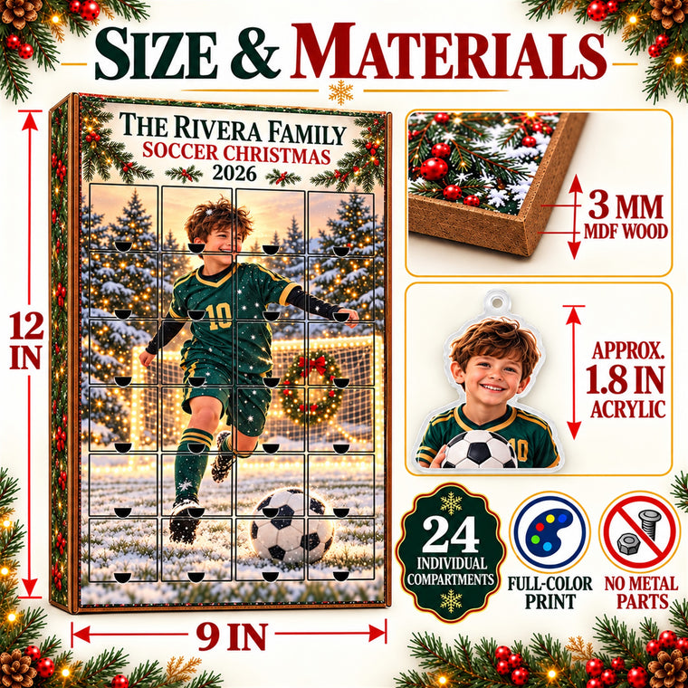 Personalized Soccer Family Advent Calendar with 24 Photo Ornaments