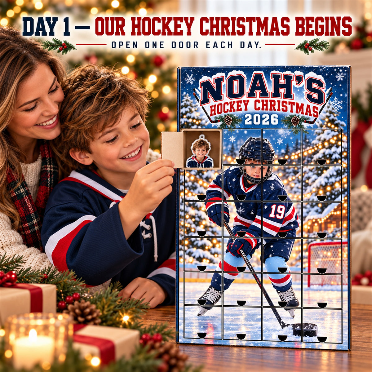 Personalized Ice Hockey Player Advent Calendar with 24 Photo Ornaments