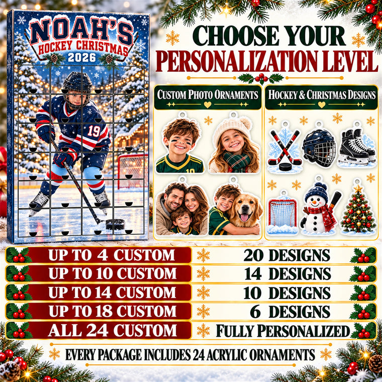 Personalized Ice Hockey Player Advent Calendar with 24 Photo Ornaments