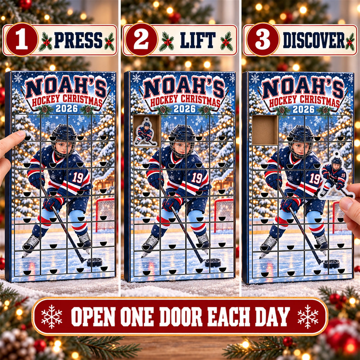 Personalized Ice Hockey Player Advent Calendar with 24 Photo Ornaments