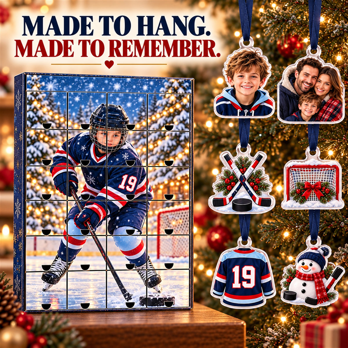 Personalized Ice Hockey Player Advent Calendar with 24 Photo Ornaments