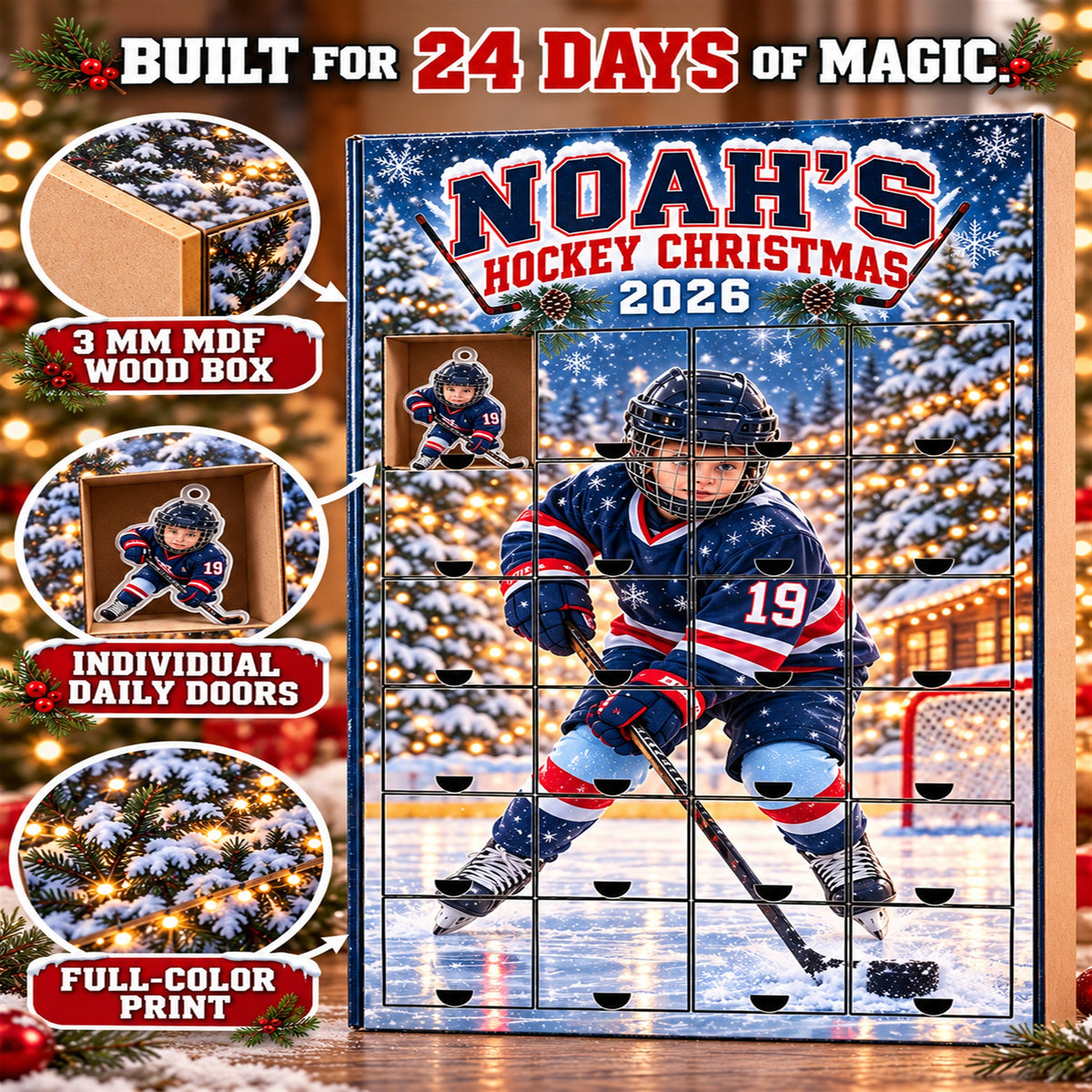Personalized Ice Hockey Player Advent Calendar with 24 Photo Ornaments