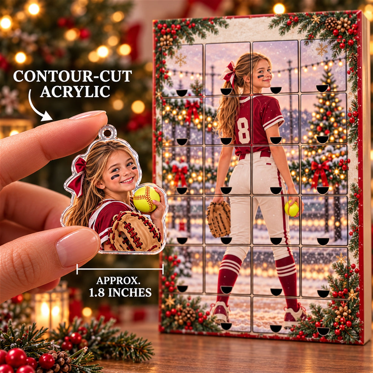 Personalized Softball Player Advent Calendar with 24 Photo Ornaments
