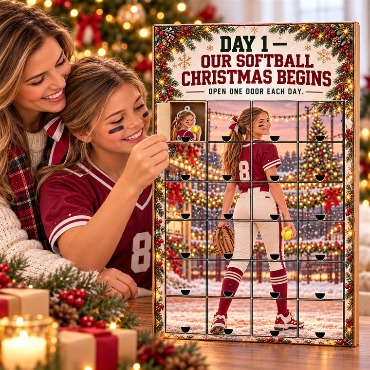 Personalized Softball Player Advent Calendar with 24 Photo Ornaments