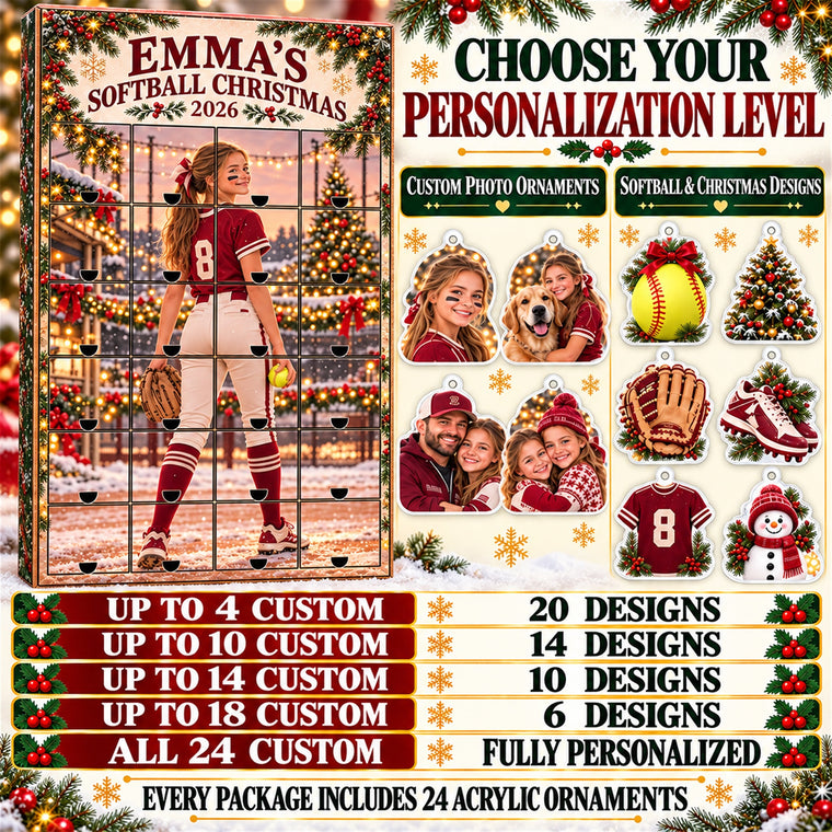 Personalized Softball Player Advent Calendar with 24 Photo Ornaments