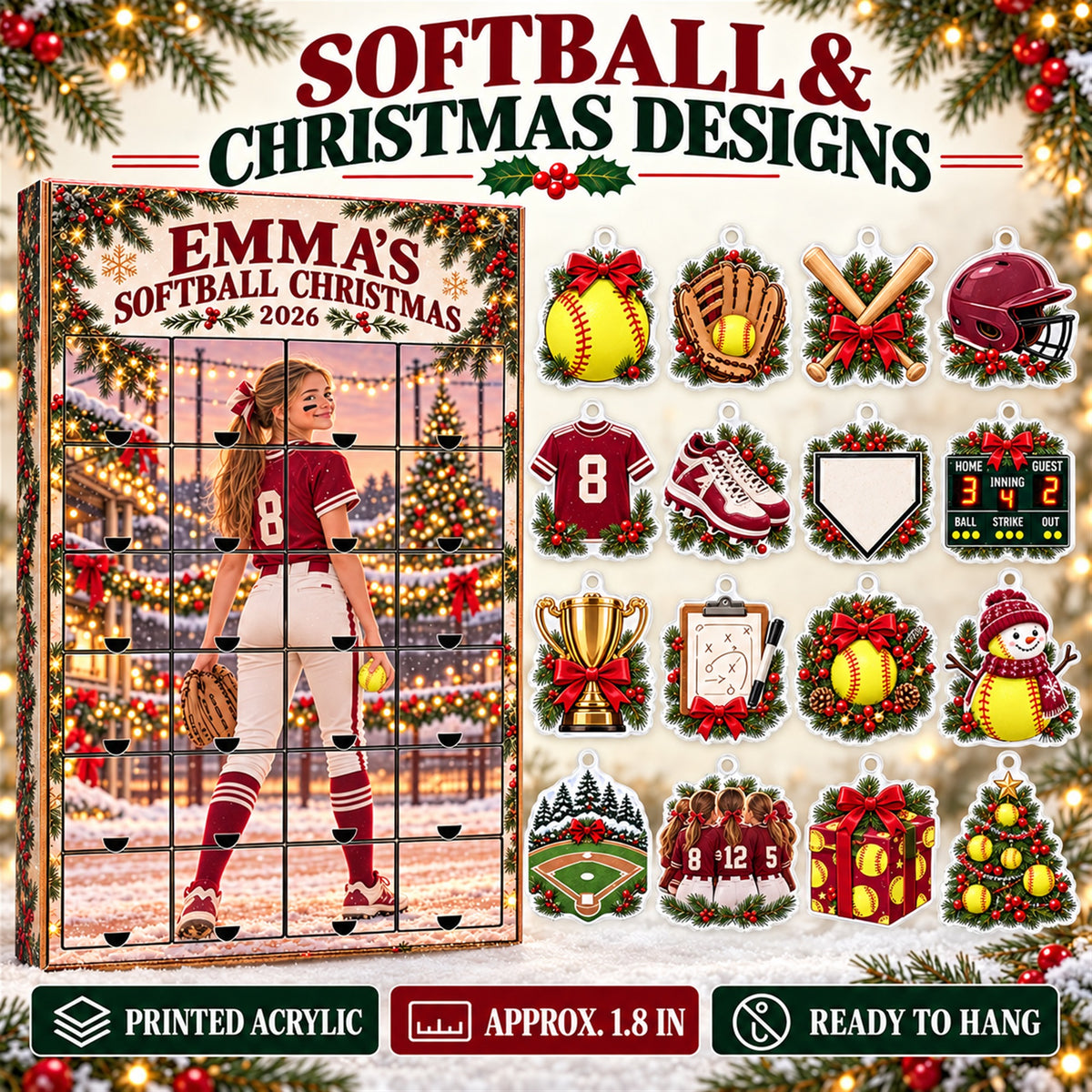 Personalized Softball Player Advent Calendar with 24 Photo Ornaments