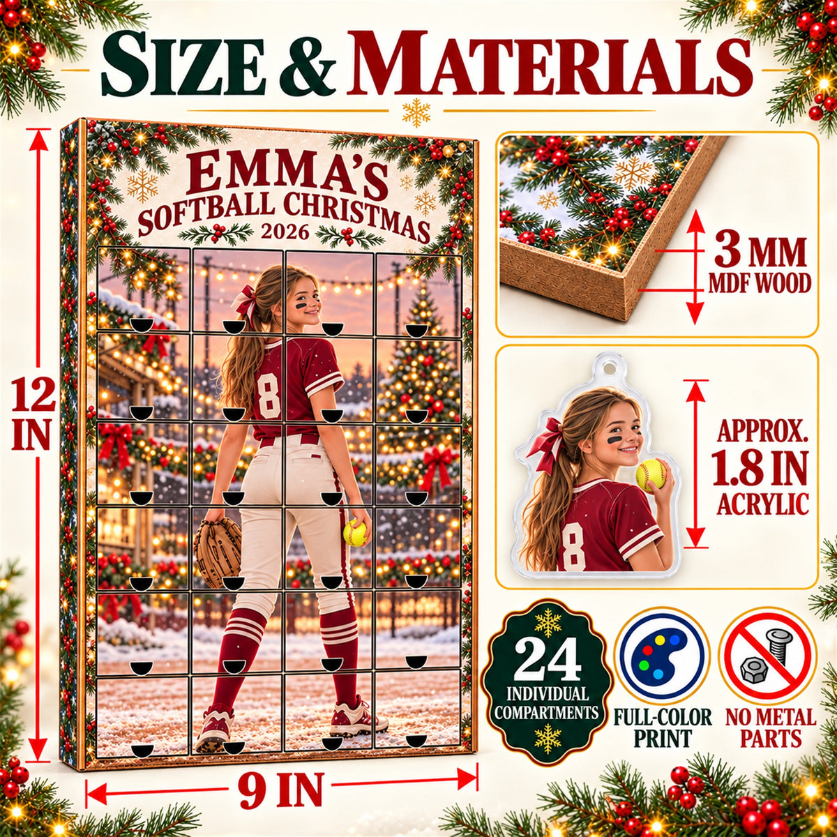 Personalized Softball Player Advent Calendar with 24 Photo Ornaments