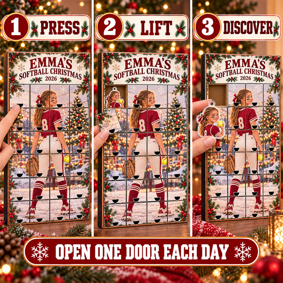 Personalized Softball Player Advent Calendar with 24 Photo Ornaments