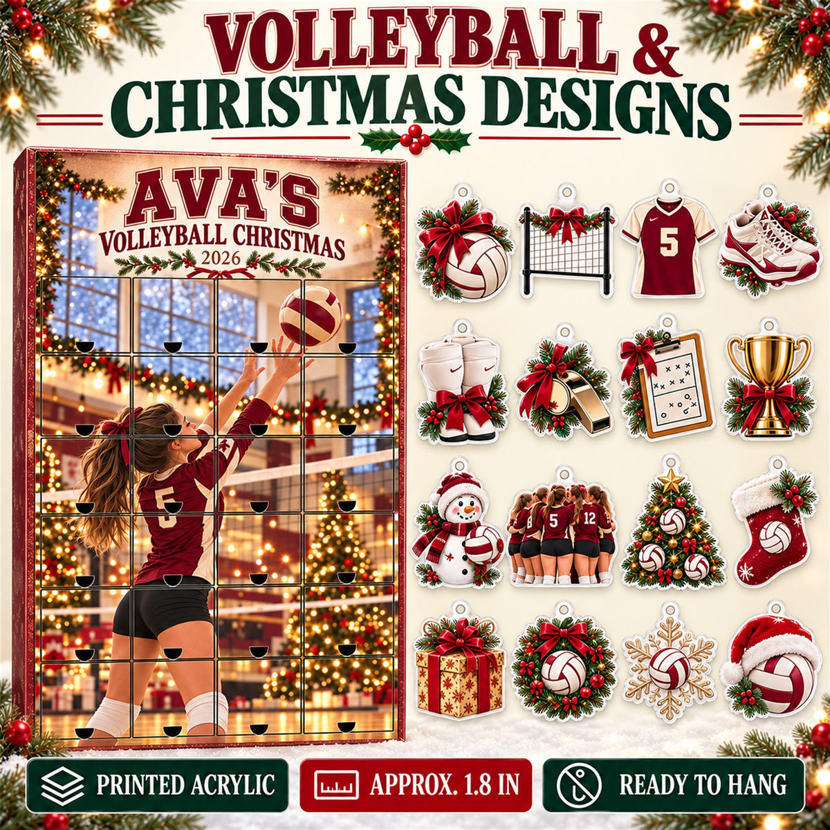 Personalized Volleyball Player Advent Calendar with 24 Photo Ornaments