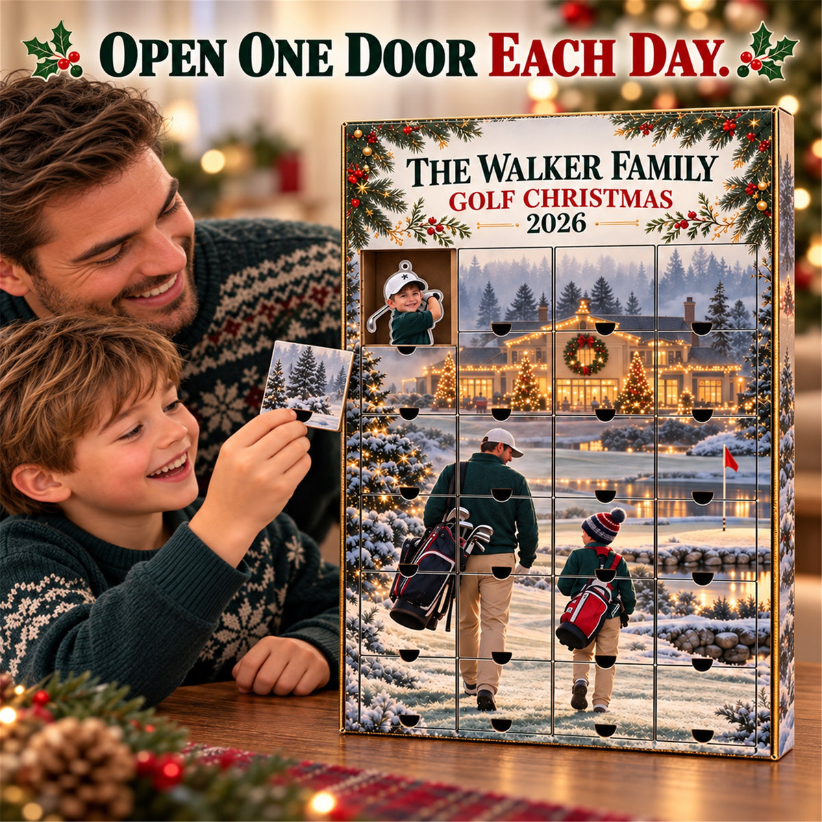 Personalized Golf Family Advent Calendar with 24 Photo Ornaments
