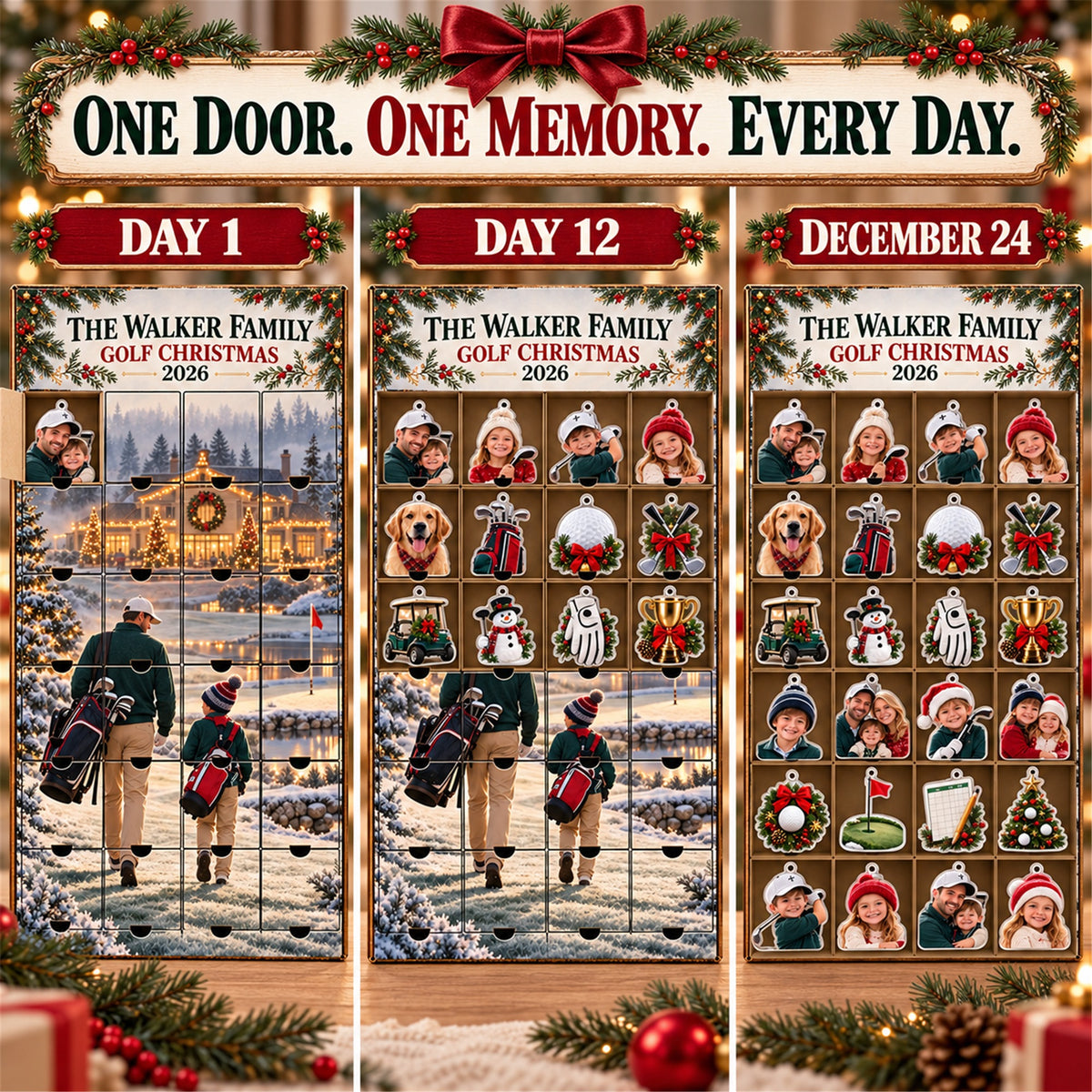 Personalized Golf Family Advent Calendar with 24 Photo Ornaments