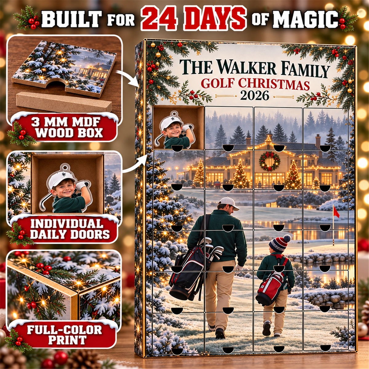Personalized Golf Family Advent Calendar with 24 Photo Ornaments