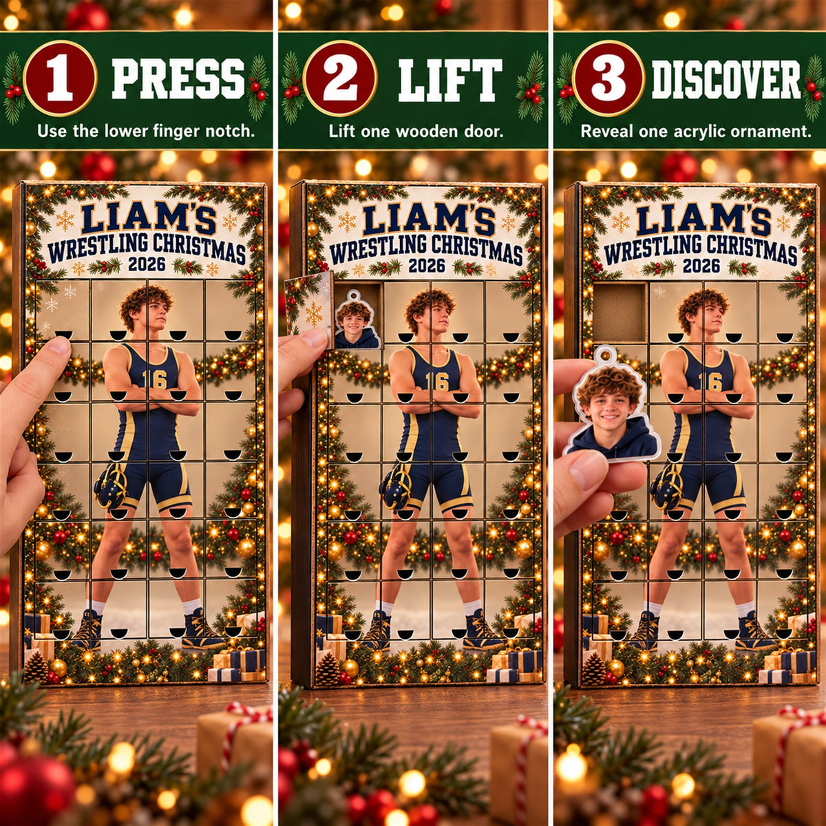 Personalized Wrestling Athlete Advent Calendar with 24 Photo Ornaments