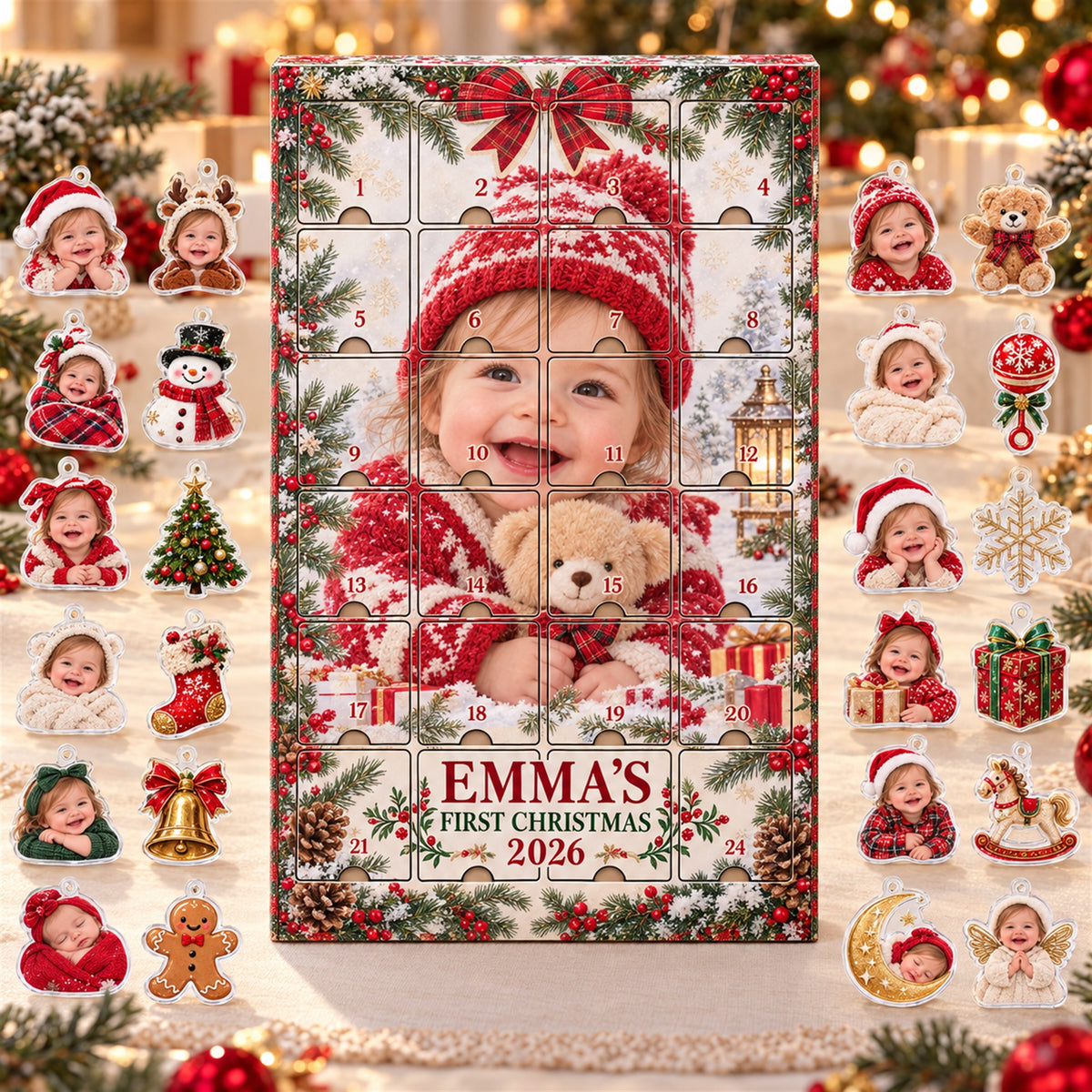 Personalized Baby's First Christmas Photo Advent Calendar with 24 Photo Ornaments
